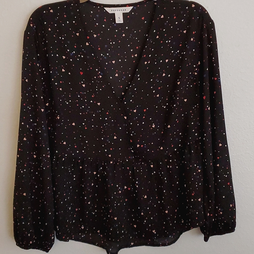 POPSUGAR Black Dress Shirt w/Multi Colored Hearts, Size S
